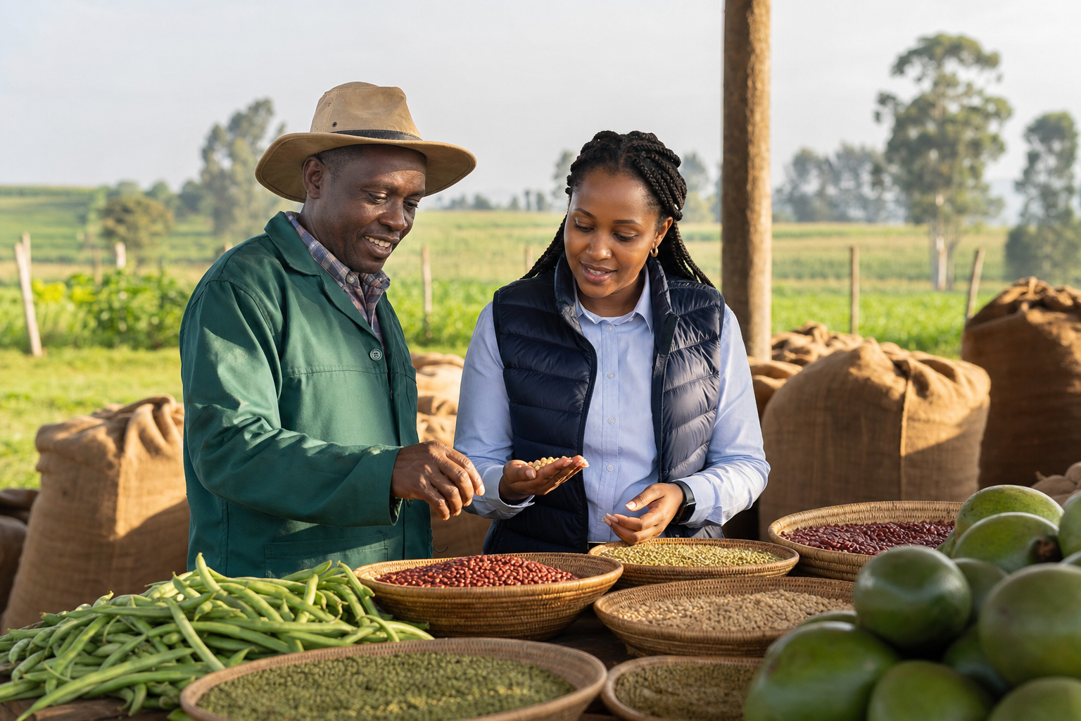 PUREPACK team reviewing fresh produce and pulses with a farm supplier