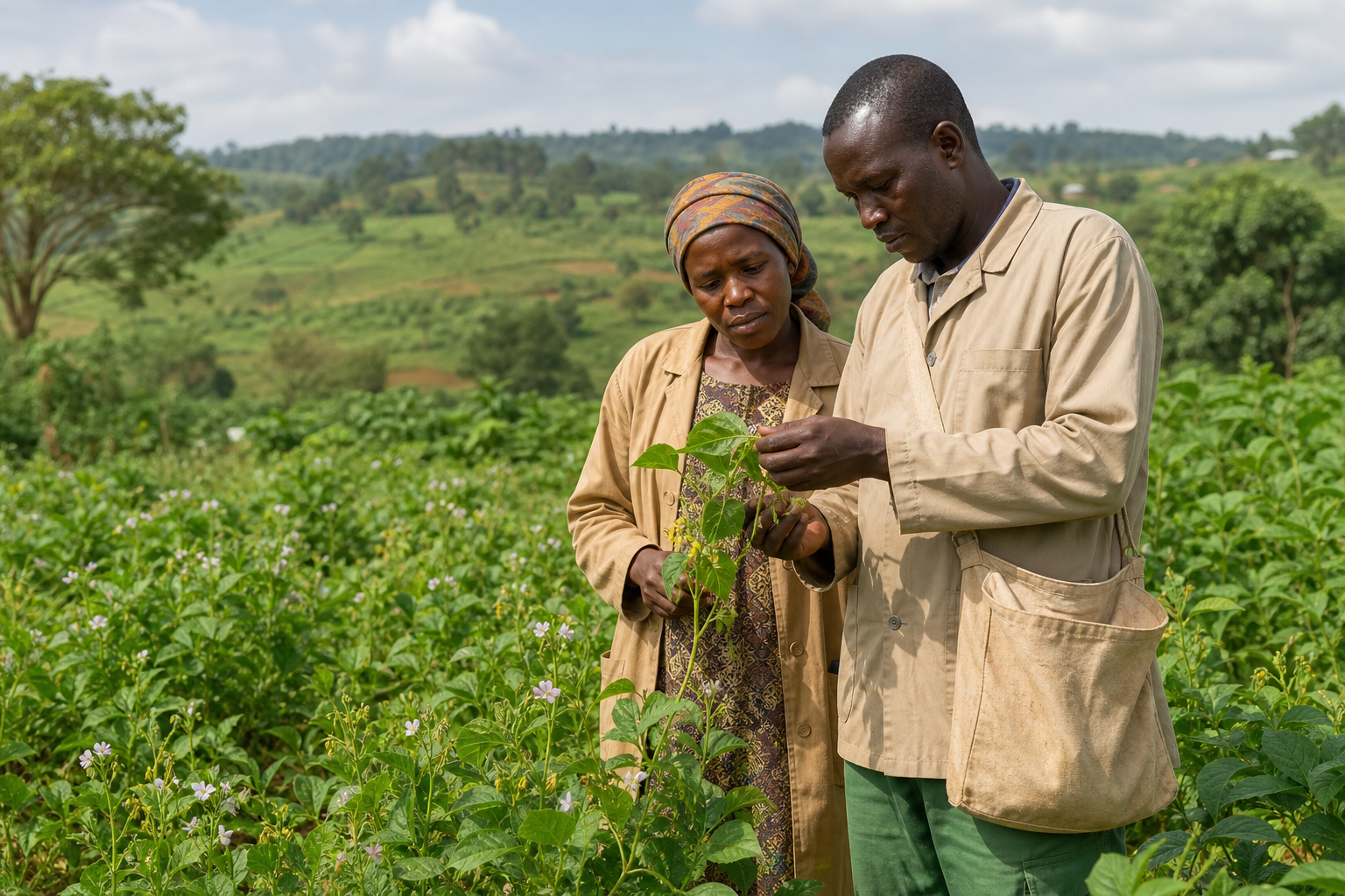 Field team inspecting crops with a Kenyan farming partner