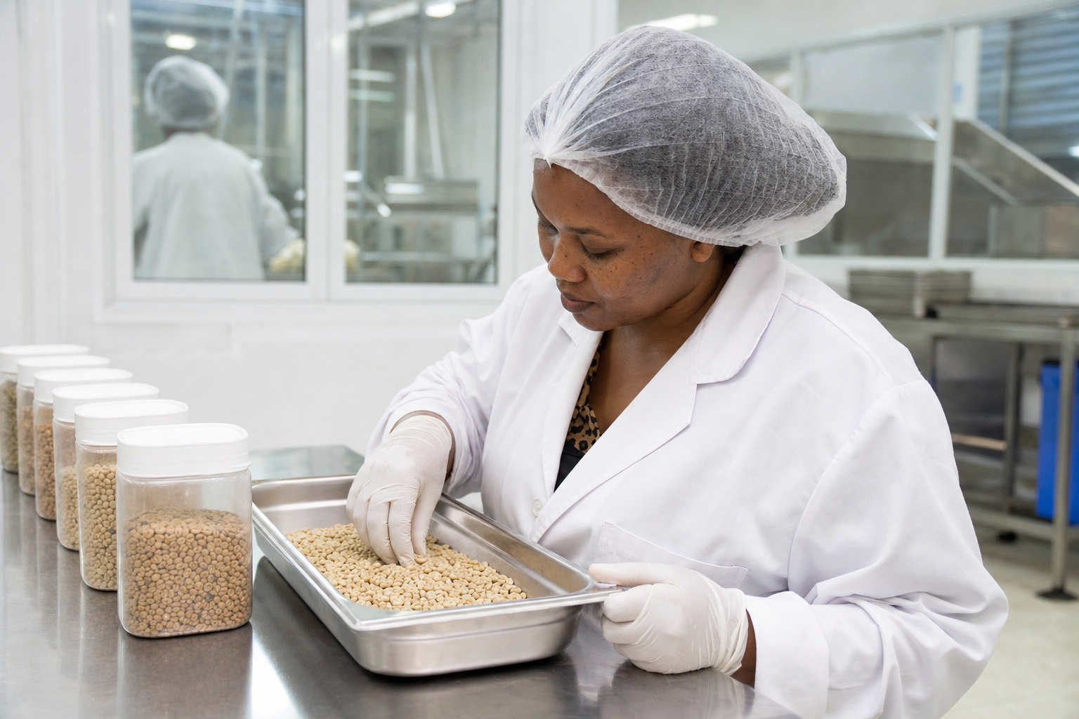 Quality specialist checking grain samples in a clean facility