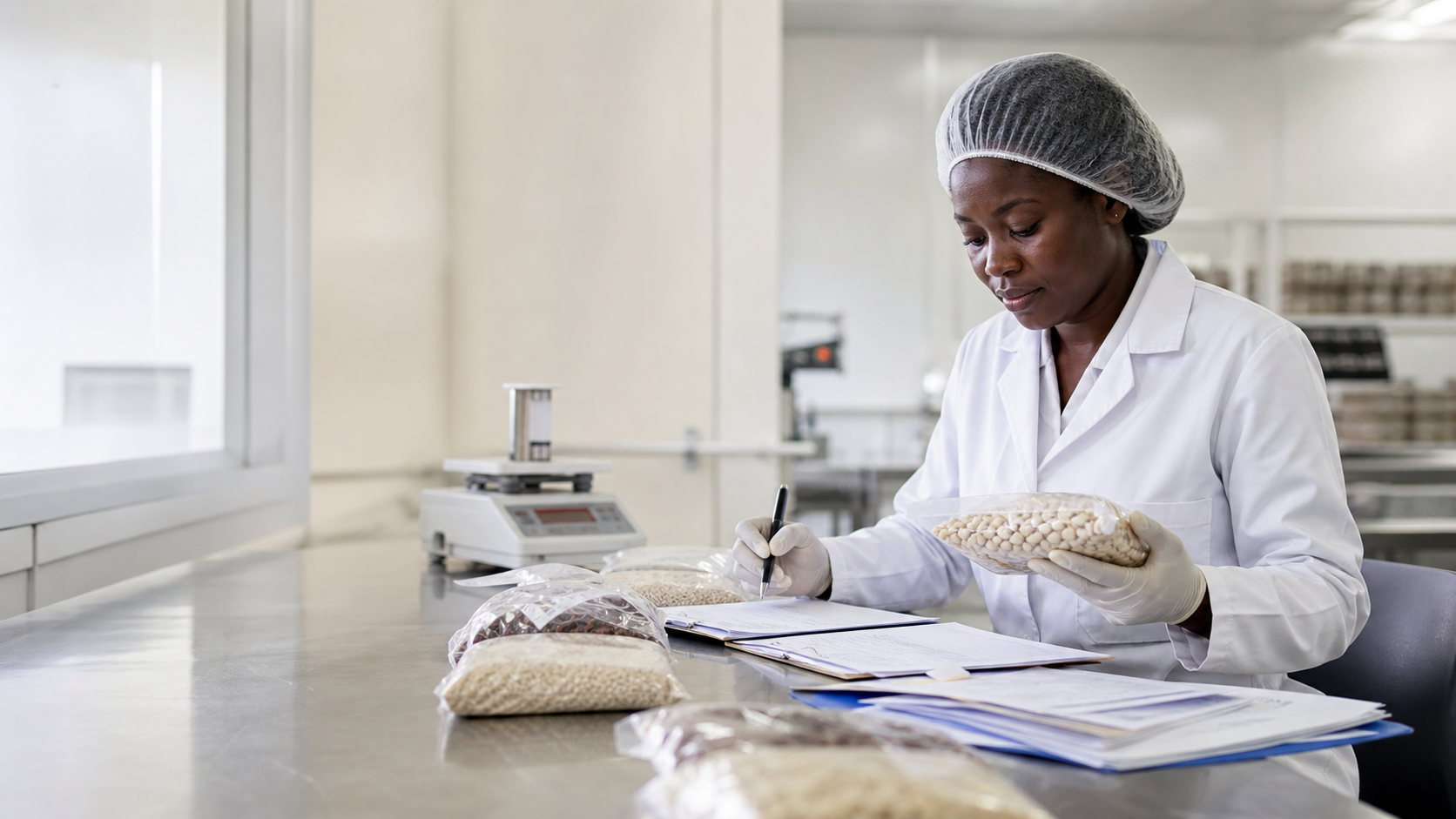Quality specialist reviewing agricultural product samples and documents