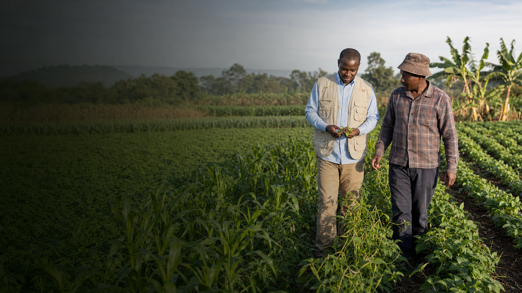 Agronomist and farmer reviewing crops in Kenya